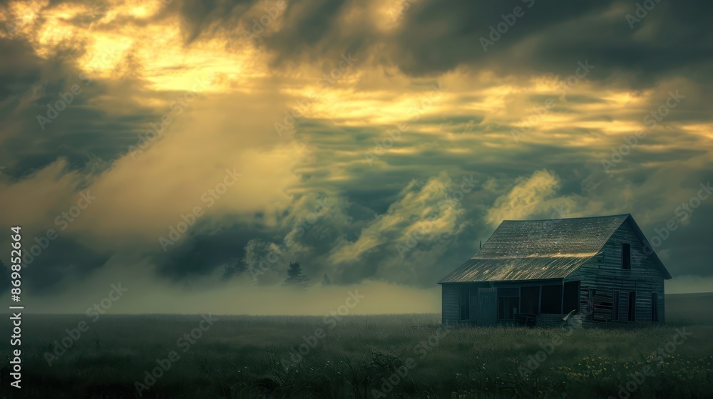 A solitary, weather-worn farmhouse stands in the middle of a vast, misty field, under a strikingly dramatic sky filled with stormy clouds and a golden sunset glow. A solitary, weather-worn farmhouse stands in the middle of a vast, misty field, under a strikingly dramatic sky filled with stormy clouds and a golden sunset glow.