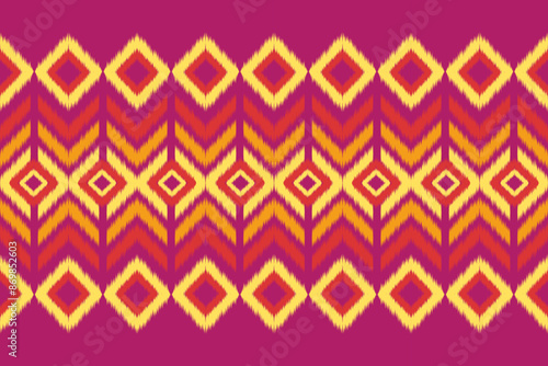 Geometric, seamless, traditional ethnic, ikat pattern, fabric pattern for textiles, rugs, wallpaper, clothing, sarong, batik, wrapping, embroidery, print, background, cover, illustration, vector.