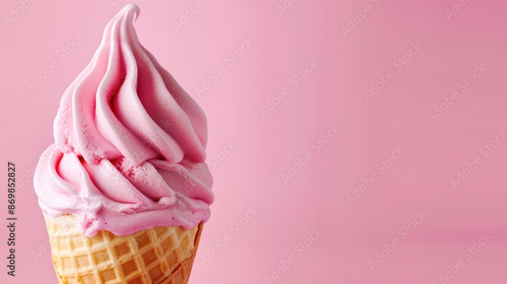 A close-up of a delectable pink soft serve ice cream in a waffle cone, set against a matching pink background, highlighting its creamy texture and delightful appearance. A close-up of a delectable pink soft serve ice cream in a waffle cone, set against a matching pink background, highlighting its creamy texture and delightful appearance.