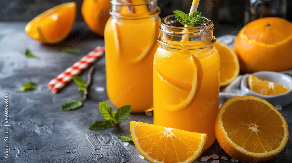 A vibrant image featuring two mason jars filled with fresh orange juice, garnished with mint sprigs, placed on a rustic surface surrounded by fresh orange slices. A vibrant image featuring two mason jars filled with fresh orange juice, garnished with mint sprigs, placed on a rustic surface surrounded by fresh orange slices.