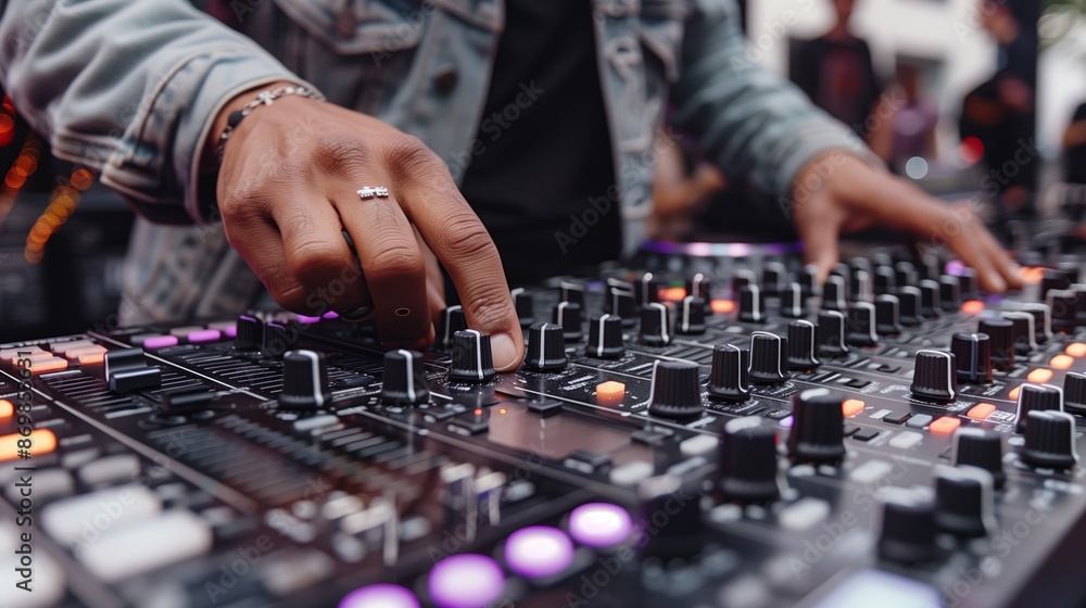 Fototapeta premium DJ Mixing Music on a Soundboard at a Festival