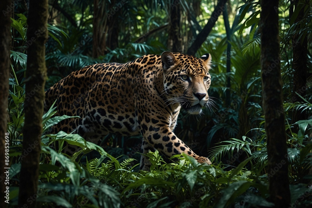 Obraz premium Agile jaguar in a dense maze of thicket