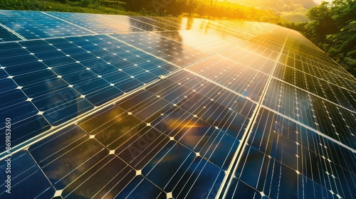 This image depicts a vast array of solar panels being irradiated by sunlight, capturing renewable solar energy, and highlights the beauty and importance of sustainable technology.