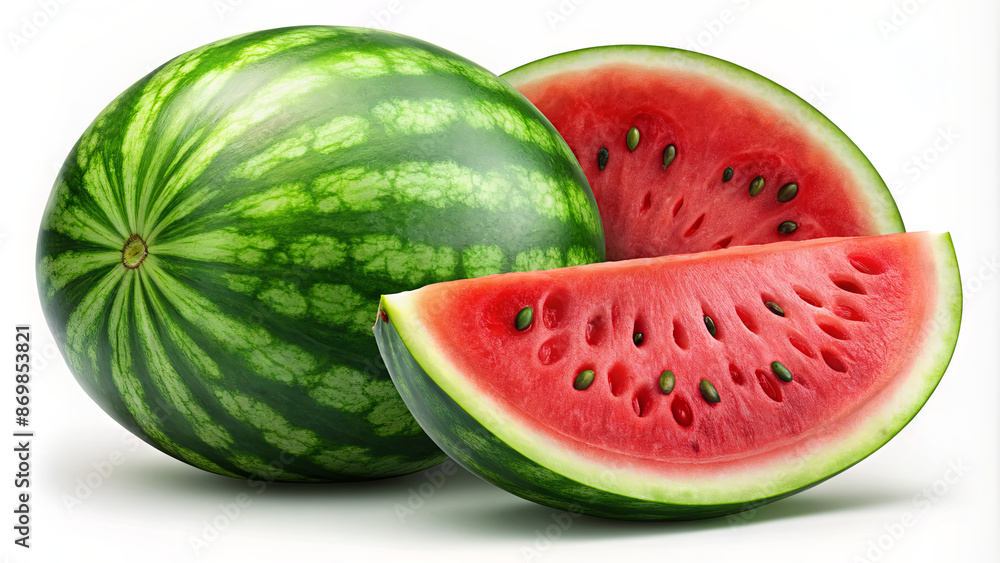 A whole watermelon and two slices of watermelon are shown on a white background A whole watermelon and two slices of watermelon are shown on a white background
