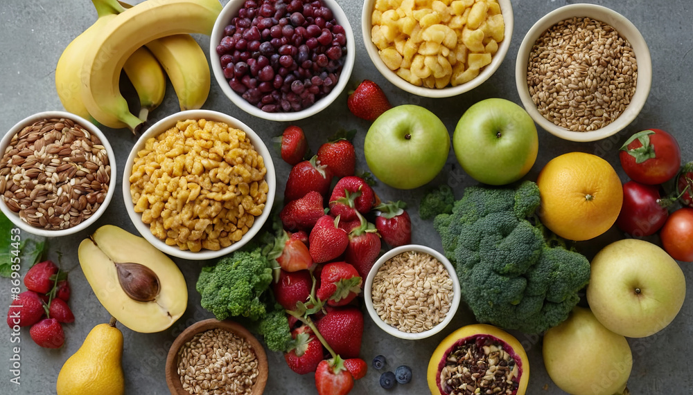 A variety of healthy foods, including fruit, vegetables, and grains, are arranged on a grey surface A variety of healthy foods, including fruit, vegetables, and grains, are arranged on a grey surface