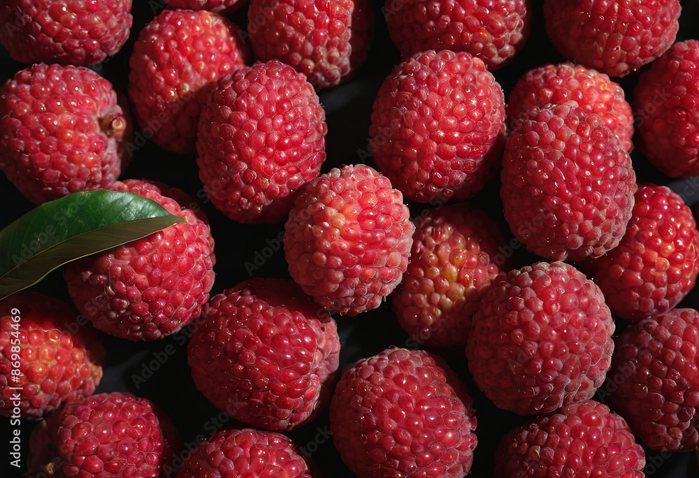 A close-up image of ripe red raspberries arranged in a tight cluster, with a single green leaf resting on top A close-up image of ripe red raspberries arranged in a tight cluster, with a single green leaf resting on top
