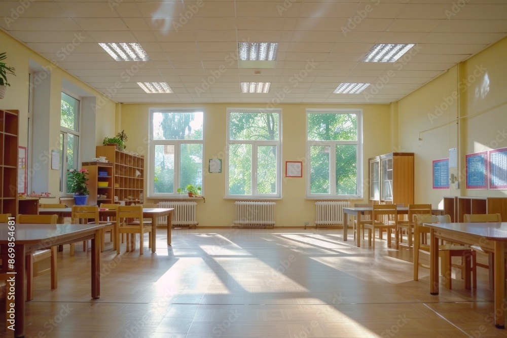 Empty school classroom summer vacation elementary school class children holiday exam seat whiteboard building furniture interior room board no people Empty school classroom summer vacation elementary school class children holiday exam seat whiteboard building furniture interior room board no people