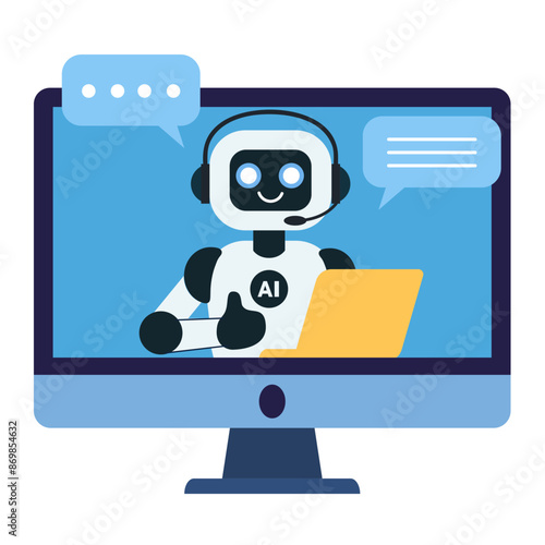 Cute chat bot, robot assistant with yellow laptop shows thumbs up for customer support on the computer monitor screen. AI bot helper. Concept of virtual conversation assistant for getting help. Robot