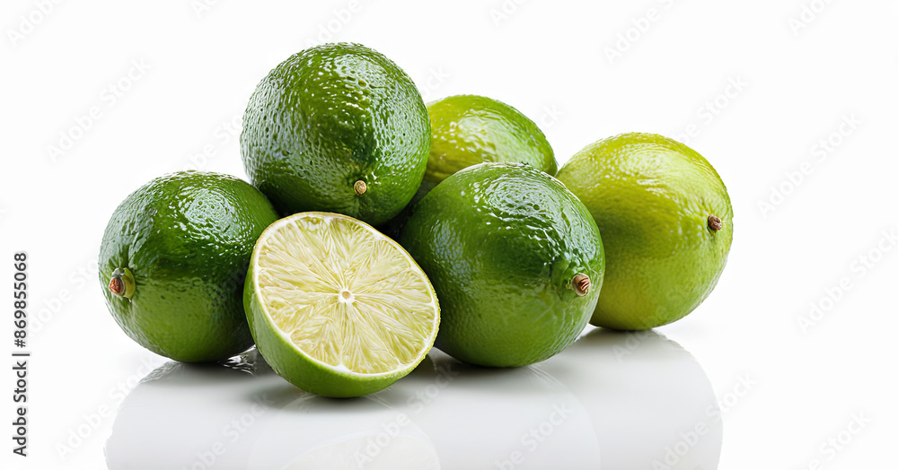 A group of whole and halved green limes arranged on a white surface A group of whole and halved green limes arranged on a white surface