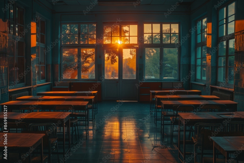 Empty school classroom summer vacation elementary school class children holiday exam seat whiteboard building furniture interior room board no people Empty school classroom summer vacation elementary school class children holiday exam seat whiteboard building furniture interior room board no people