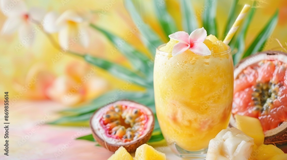 A tropical drink is garnished with a flower on top A tropical drink is garnished with a flower on top