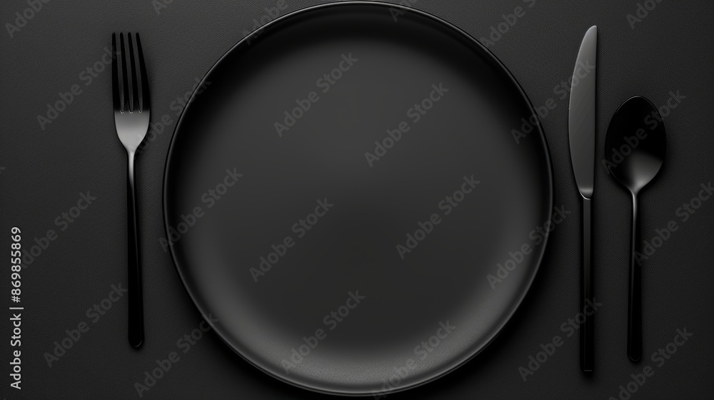 Minimalistic black plate with cutlery on dark background, mockup concept for restaurant design, sophisticated and clean Minimalistic black plate with cutlery on dark background, mockup concept for restaurant design, sophisticated and clean