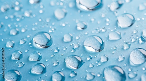 Macro shot of water droplets on a blue backdrop, crisp and detailed, refreshing and soothing, water concept