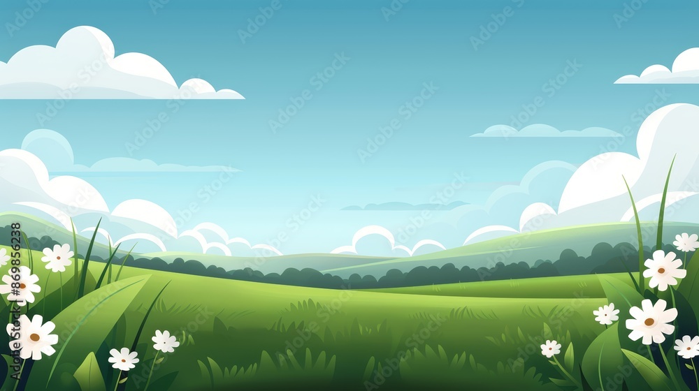 Obraz premium Verdant meadow of lush green grass, sprinkled with wildflowers, gentle hills on the horizon, perfect for a vibrant and lively banner design