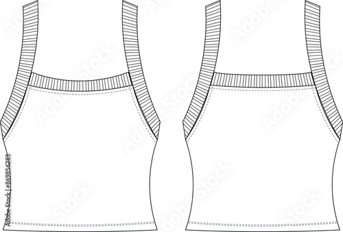 sleeveless square neck ribbed shoulder straps strapped strappy tank top blouse template technical drawing flat sketch cad mockup fashion woman design style model
