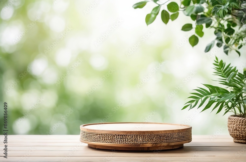 Wooden rattan podium table, nature background Wooden rattan podium table, nature background