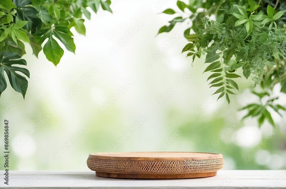 Wooden rattan podium table, nature background Wooden rattan podium table, nature background