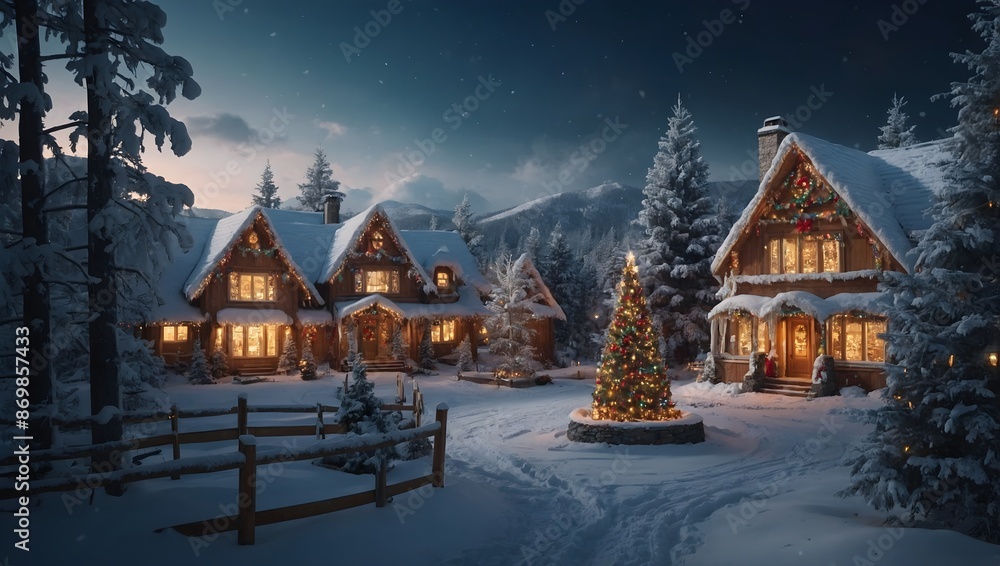 Fototapeta premium Stimmungsvoller Winterspaziergang durch ein beleuchtetes Dorf