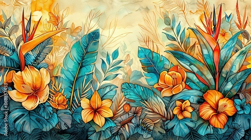 Wallpaper Mural   A vibrant depiction of lush flora, painted using both acrylic and watercolor on a canvas-like surface Torontodigital.ca