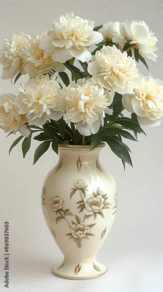 Elegant white peonies in a decorative vase, ideal for classic and sophisticated interior decoration, peonies in beautiful vase