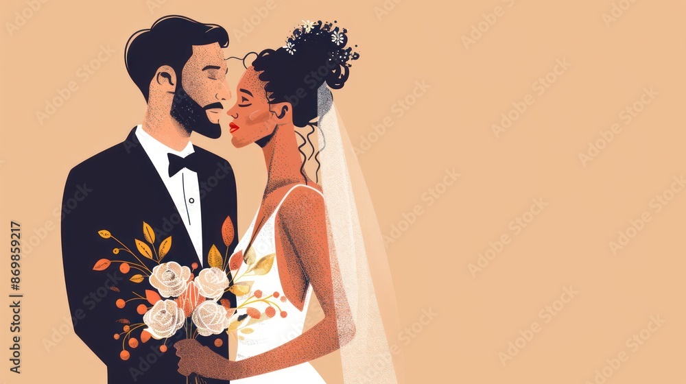 illustration of a bride and groom on their wedding day, with the bride wearing a white dress and veil and holding a bouquet of flowers, while the groom is in a tuxedo. illustration of a bride and groom on their wedding day, with the bride wearing a white dress and veil and holding a bouquet of flowers, while the groom is in a tuxedo.