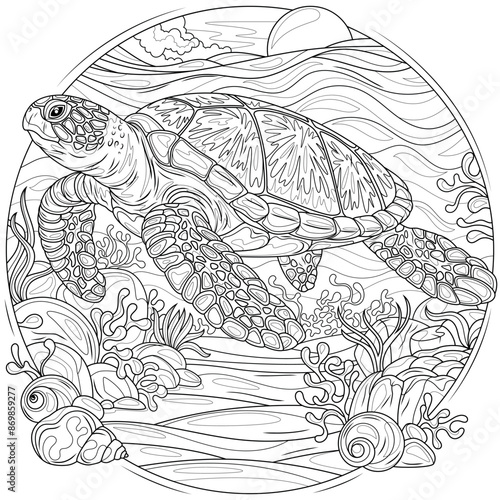 Turtle in the sea.Coloring book antistress for children and adults. 