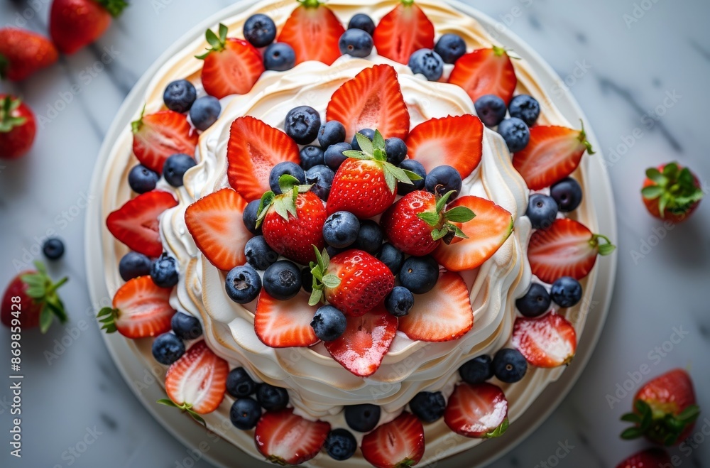 Freshly Baked Pavlova Cake Topped With Strawberries and Blueberries Freshly Baked Pavlova Cake Topped With Strawberries and Blueberries