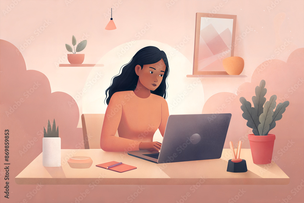 woman working on laptop in home office, freelance work concept, simple pastel illustration woman working on laptop in home office, freelance work concept, simple pastel illustration