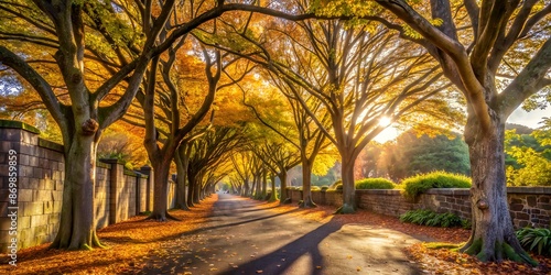 Golden afternoon light filters through deciduous trees lining a serene alleyway in Auckland Domain's Wintergardens, surrounded by vibrant autumn foliage and rustic stone walls. photo