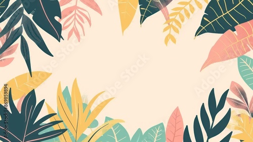colorful tropical leaves and plants artfully arranged around the edges on a beige background, creating a vibrant and dynamic frame effect. © Matthew