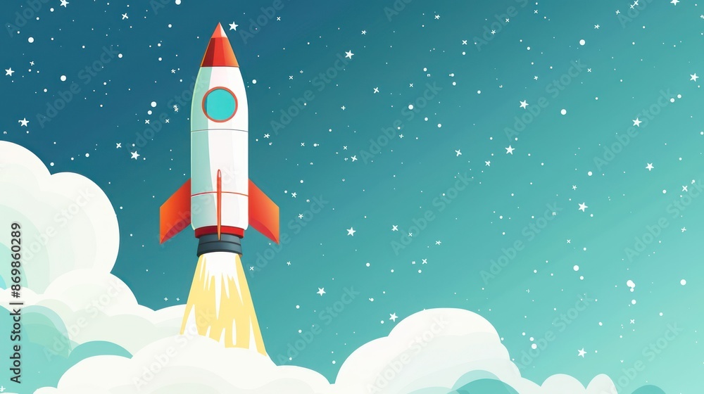 Fototapeta premium A beautifully illustrated colorful rocket launching into a starry night sky, symbolizing adventure, exploration, and aspirations, captured with a whimsical art style.