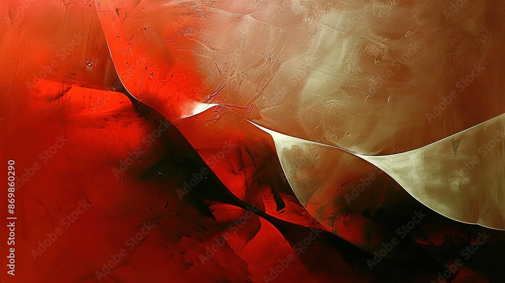 Naklejka premium A painting with a vibrant red-gold scheme and a stark black-white border at the bottom, captured in detail