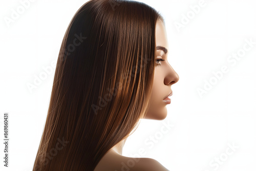 Profile of Woman with Beautiful Shiny Straight Keratin Brown Hair. 