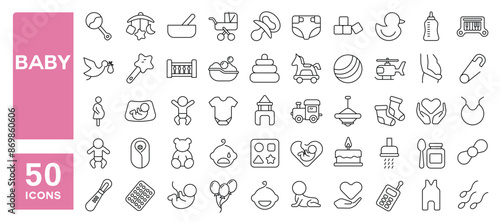 Set of 50 line icons related to baby, pregnancy, motherhood, child care, lactation, Editable stroke. Vector illustration