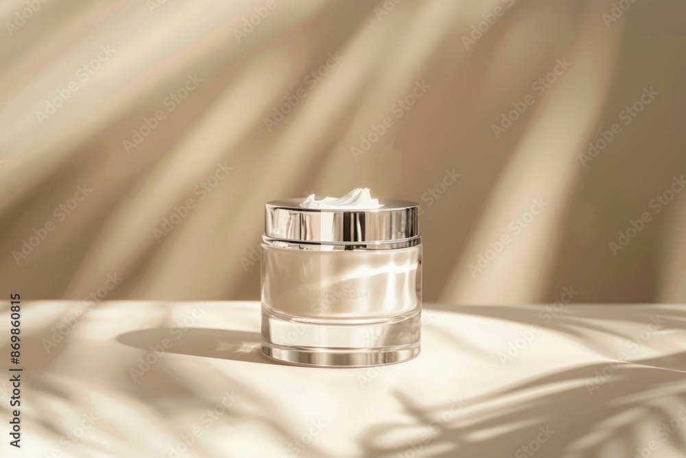 A silver-capped jar of face cream sits on a soft, white surface. Sunlight streams through a window, casting delicate shadows across the cream and its surroundings A silver-capped jar of face cream sits on a soft, white surface. Sunlight streams through a window, casting delicate shadows across the cream and its surroundings