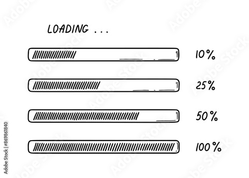 Set of doodle loading bars. Sketch download progress vector illustration, Upload status indicator. Computer user interface design element.