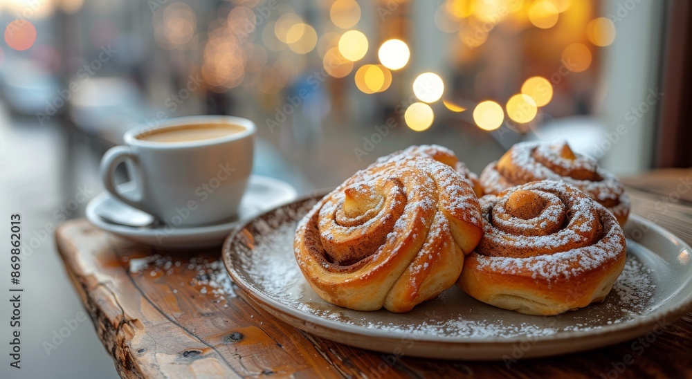 Freshly Baked Cinnamon Rolls With Coffee on a Wooden Table Freshly Baked Cinnamon Rolls With Coffee on a Wooden Table