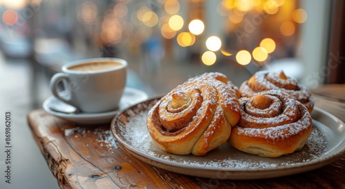 Freshly Baked Cinnamon Rolls With Coffee on a Wooden Table
