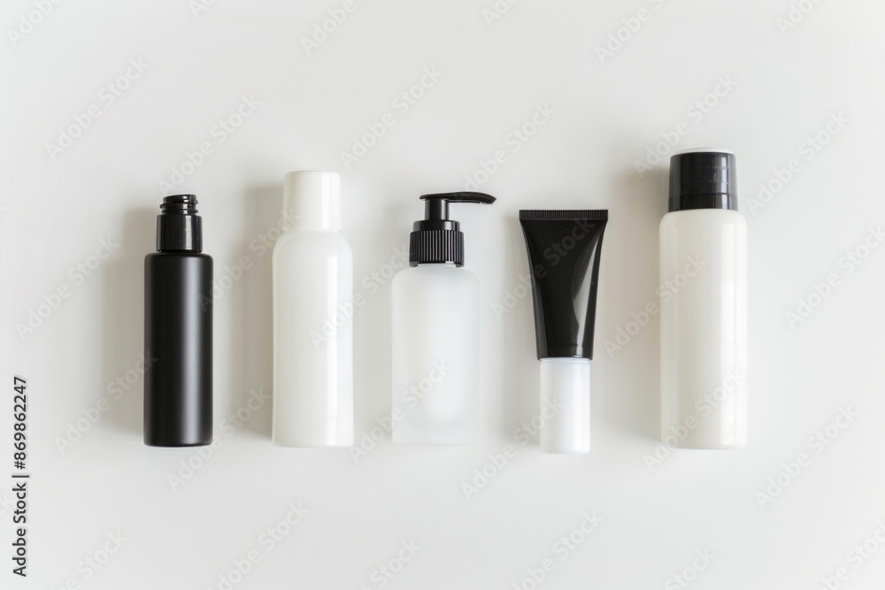 A collection of black and white cosmetic bottles and tubes, arranged on a plain white background A collection of black and white cosmetic bottles and tubes, arranged on a plain white background