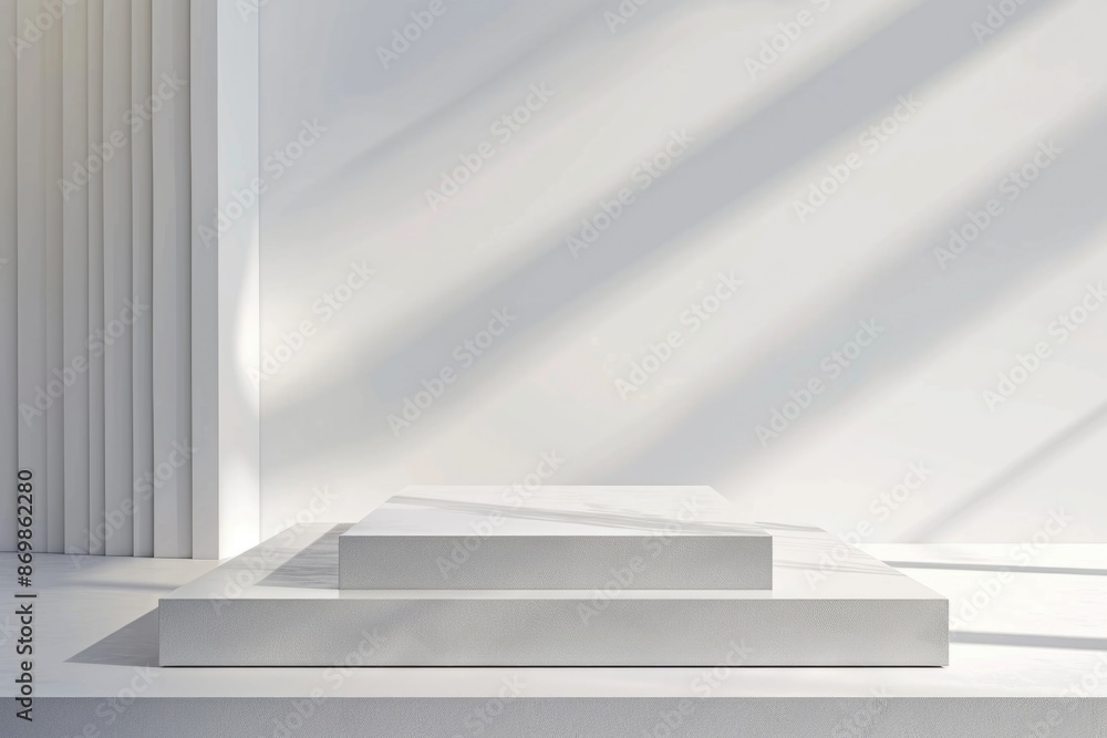 Obraz premium A simple white platform with two levels sits in a minimalist setting, bathed in the soft glow of sunlight streaming through a window