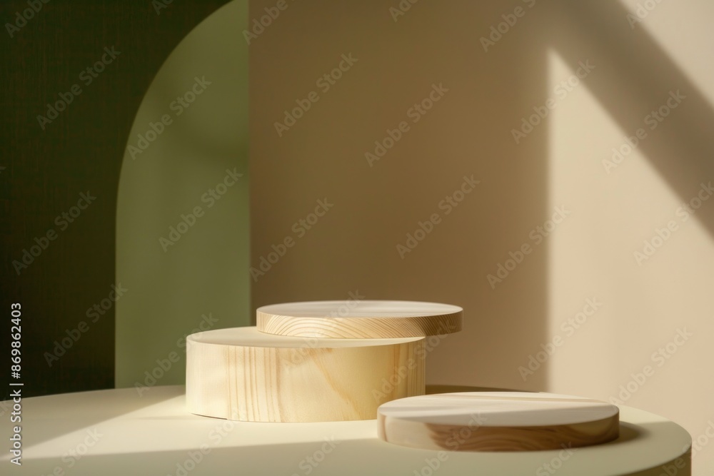 Three wooden platforms are arranged on a light-colored surface. The platforms are illuminated by soft sunlight streaming in from a window Three wooden platforms are arranged on a light-colored surface. The platforms are illuminated by soft sunlight streaming in from a window