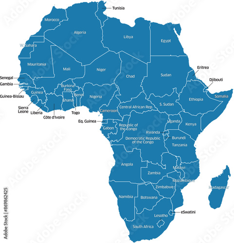 Editable vector file of Africa with countries and country names labeled.