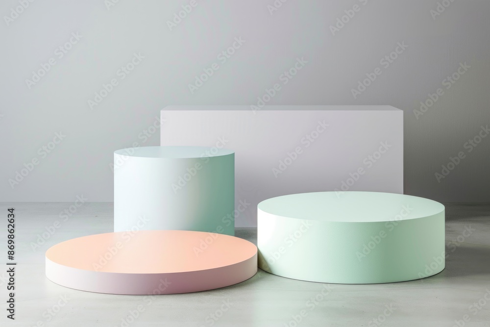 Studio photo: three pastel cylinders on white surface against backdrop. Smooth, opaque material, staggered formation, soft colors for calm vibe Studio photo: three pastel cylinders on white surface against backdrop. Smooth, opaque material, staggered formation, soft colors for calm vibe