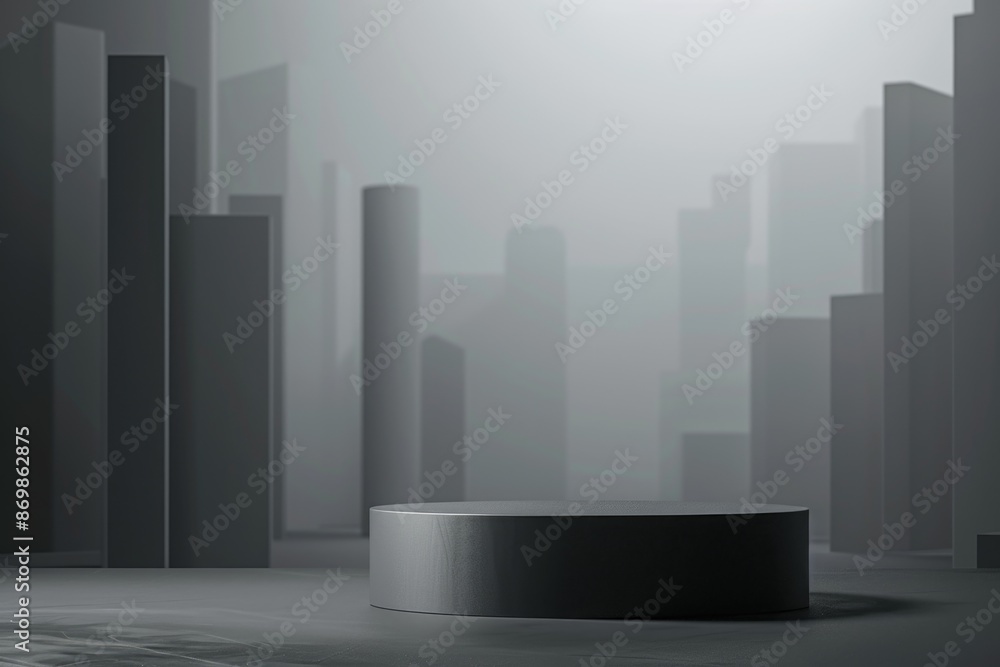 A single circular platform sits in front of a minimalistic cityscape, shrouded in a soft fog. The scene is monochromatic, creating a sense of stillness and tranquility A single circular platform sits in front of a minimalistic cityscape, shrouded in a soft fog. The scene is monochromatic, creating a sense of stillness and tranquility