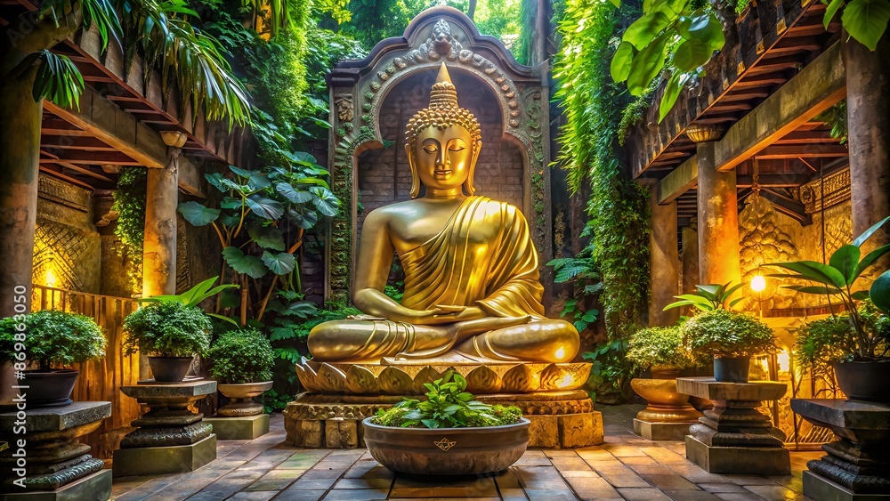 Obraz premium Serenely lit golden Buddha statue sits in tranquil temple surrounded by lush greenery, intricately carved stone walls, and ornate golden decorations.
