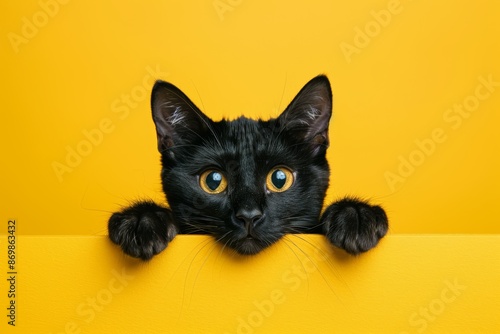 Black Cat Peeking Over Yellow Surface with Curious Eyes