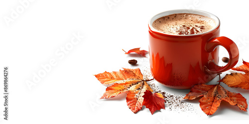 Warm autumn scene featuring red mug of coffee surrounded by colorful autumn leaves. Cozy, inviting for seasonal promotions, coffee advertisements, and autumn themed projects