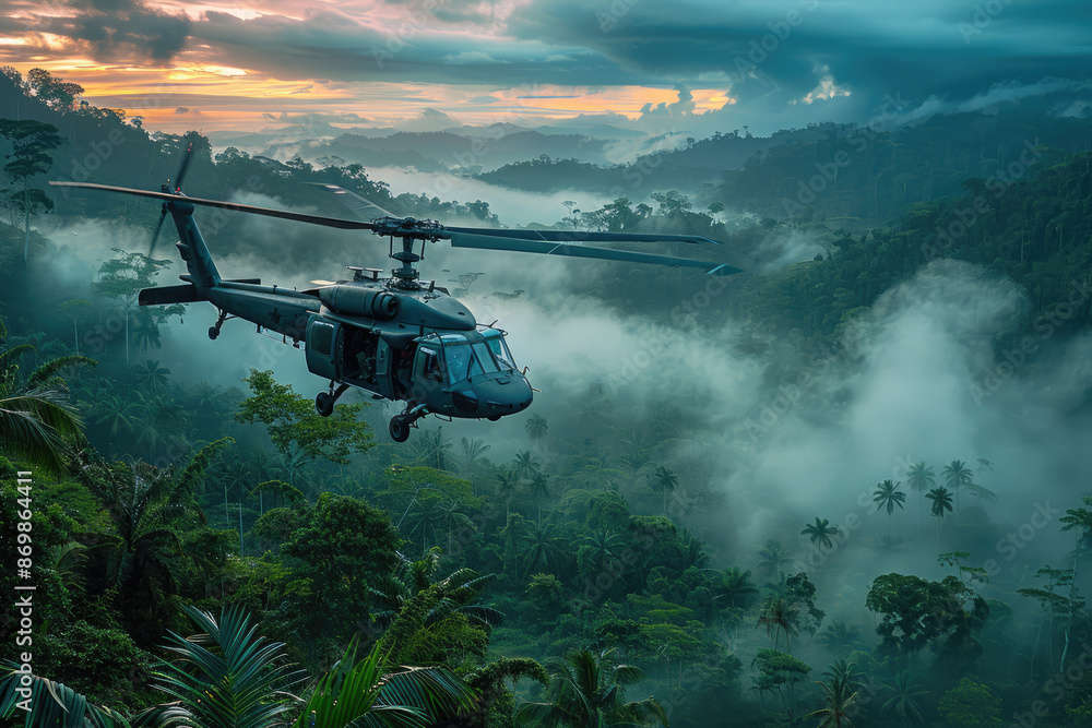Naklejka premium Military helicopter in active combat zone in jungle. Greeting card for Veterans Day, Memorial Day, Air Force Day.