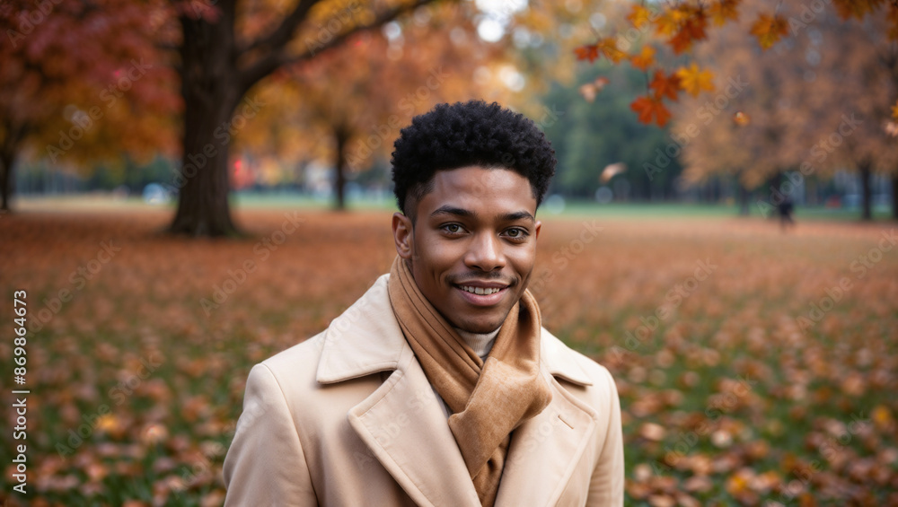 Giovane uomo d'affari di origini africane vestito con un cappotto elegante a Central Park a New York in autunno durante il foliage Giovane uomo d'affari di origini africane vestito con un cappotto elegante a Central Park a New York in autunno durante il foliage