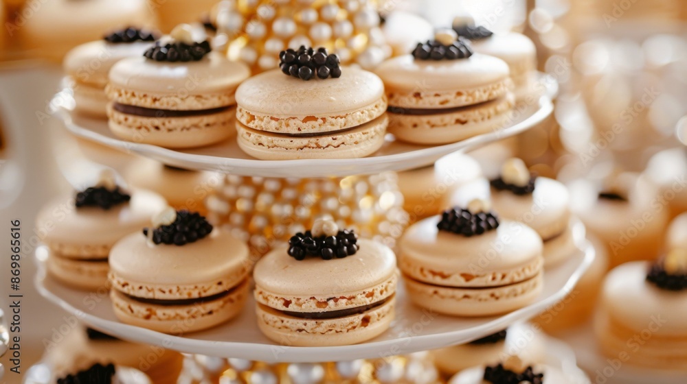 Elegant dessert display featuring a tiered tray of caviar-filled macarons, with decorative elements like pearls and gold accents Elegant dessert display featuring a tiered tray of caviar-filled macarons, with decorative elements like pearls and gold accents